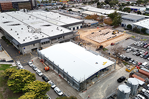 An aerial view of the future Frankston Tech school now complete with roof and steel foundation.